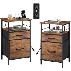 WLIVE Night Stand Set 2, Nightstand with Charging Station, Bedside Tables for Bedroom, Side Table with Fabric Drawers, USB Ports and Outlets, Rustic Brown