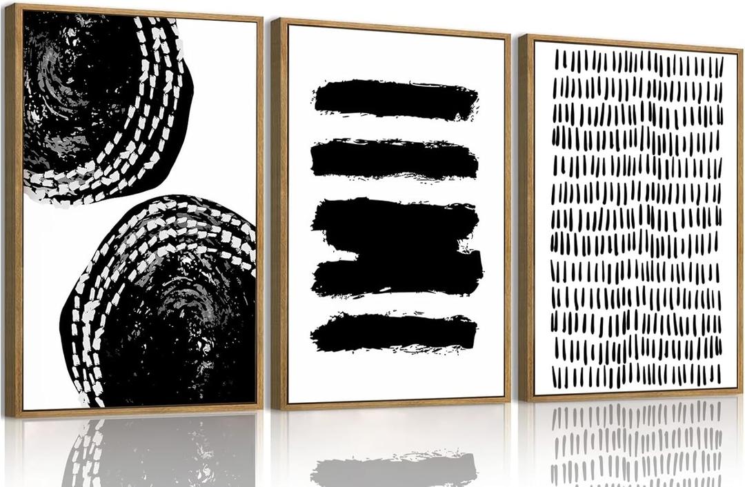 3 Piece Large Abstract Canvas Wall Art For Living Room Black and White Framed Wall Art Stroke Circle Modern Minimalist Art Prints Artwork For Bedroom Office Dining Room 12x16 in