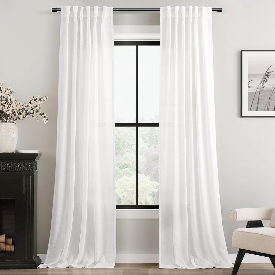 White Curtains 96 inches Long 2 Panels Back Tab Light Filtering Cotton Textured Curtain Modern Farmhouse Coastal Decor Off White Linen Drapes 96 inch Length for Patio Sliding Door Office 42x96