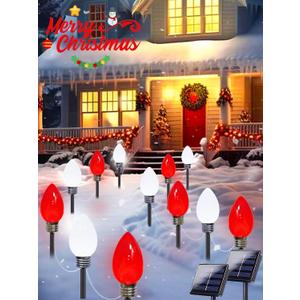 12 Pack Large C9 Christmas Decorations Outdoor Waterproof, Solar C9 Christmas Lights Outdoor with 2 Modes, Solar Pathway Light for Outside Party Yard Lawn Patio Walkway Xmas Decoration (Red and White)