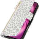 for iPhone 16 Plus Wallet Case for Women,Zipper Pocket,PU Leather Phone Case Stand flip Cover Crossbody Lanyard Strap Zipper Credit Card Holder Slots for Apple 16 Plus,White Leopard
