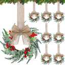 Hotop 8 Set Mini Wreaths for Kitchen Cabinet 12 Inch Small Christmas Wreath with Burlap Ribbon Red Berry and Eucalyptus Leaves for Xmas Window Front Door Fireplace Chair Farmhouse Hanging Decor