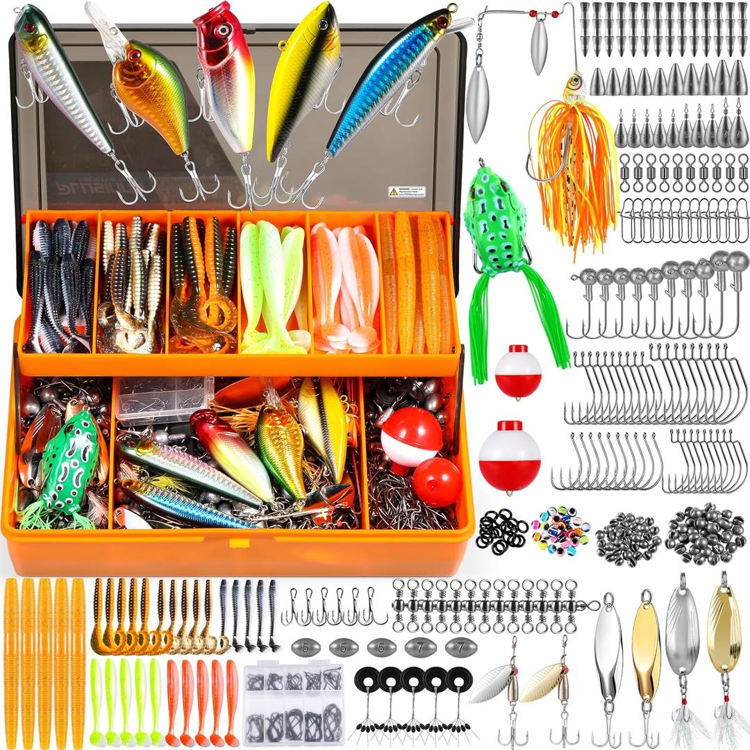 PLUSINNO 353/404 PCS Fishing Lures, Upgrade Fishing Tackle Box with Tackle Included, Crankbaits, Hooks, Weights, Other Accessories, Fishing Lure Bait Gear Equipment Kit Gift for Men Freshwater Bass