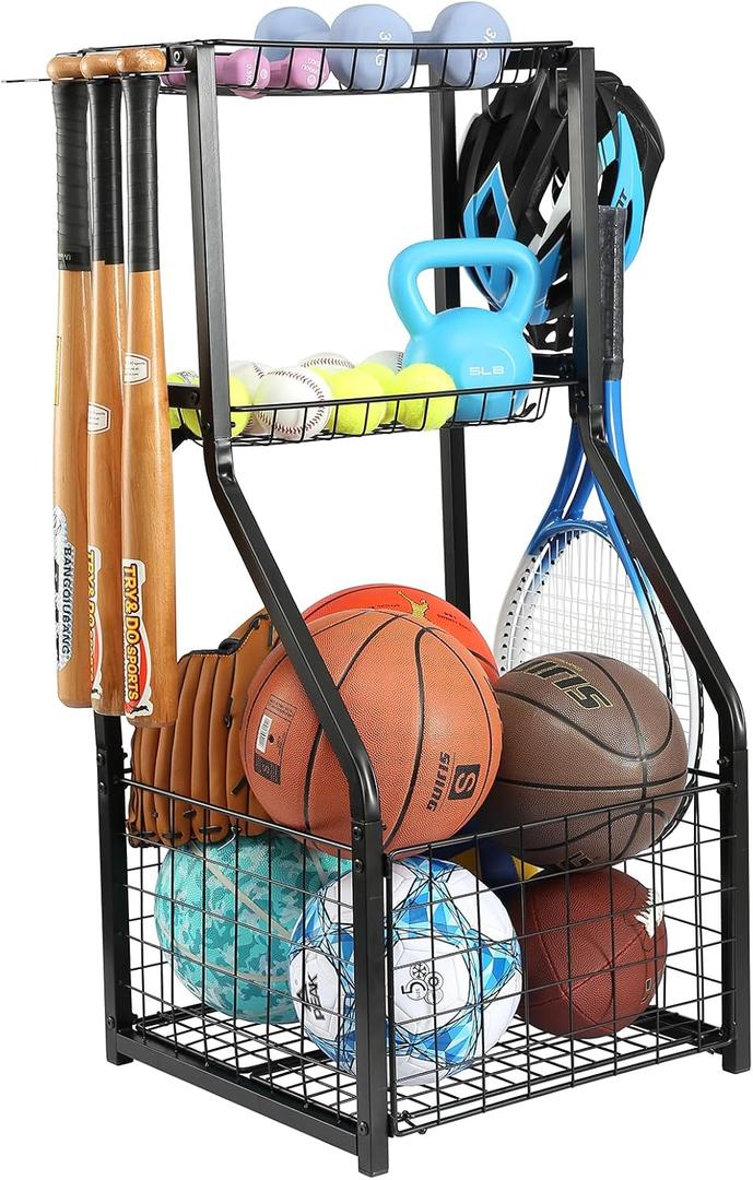 YueTong Sports Equipment Organizer for Garage Organization, Ball Storage With Basketball Holder and Ball Cart Rack, Outdoor Toy Storage with Bin for Nerf Gun, Football, Volleyball Stuf, Gym Accessories