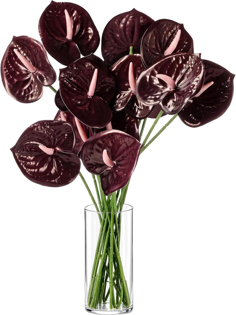 16pcs 24 Inch Artificial Anthurium Flower Tropical Flowers Faux Lily with 3D Printing Effect for DIY Vase Bouquets Centerpiece Home Office Wedding Decor Floral Arrangement (Dark Red)