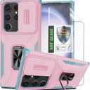 for Galaxy S22 Ultra Case with Sliding Camera Lens Cover,HD Screen Protector,360 Rotating Kickstand,AYMECL Military-Grade Shockproof Protective Cover for Samsung Galaxy S22 Ultra,Pink+Turquoise