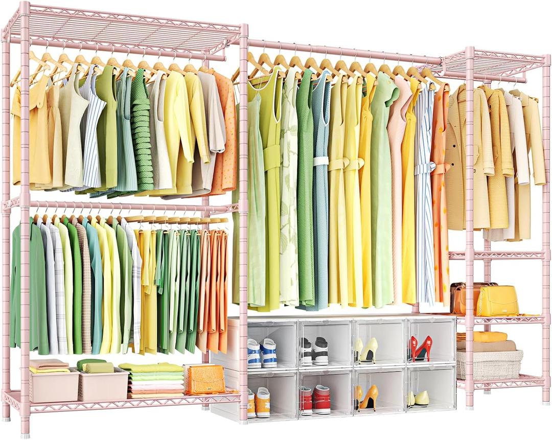 Ulif E10 Clothes RackWith Stretchable Hanger RodFreestanding Clothing Racks for Hanging ClothesAdjustable Closet Organizer SystemPortable Garment Rack 73-97"W x 15" D x 72" HMax Load 800LBSPink