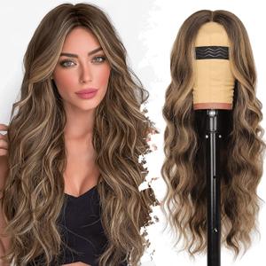 Eawwii Brown Blonde Highlight Wig for Women Long Wavy 4x1 Lace Natural Hairline Glueless for Beginners Middle Part Synthetic for Daily Party Use 26Inch