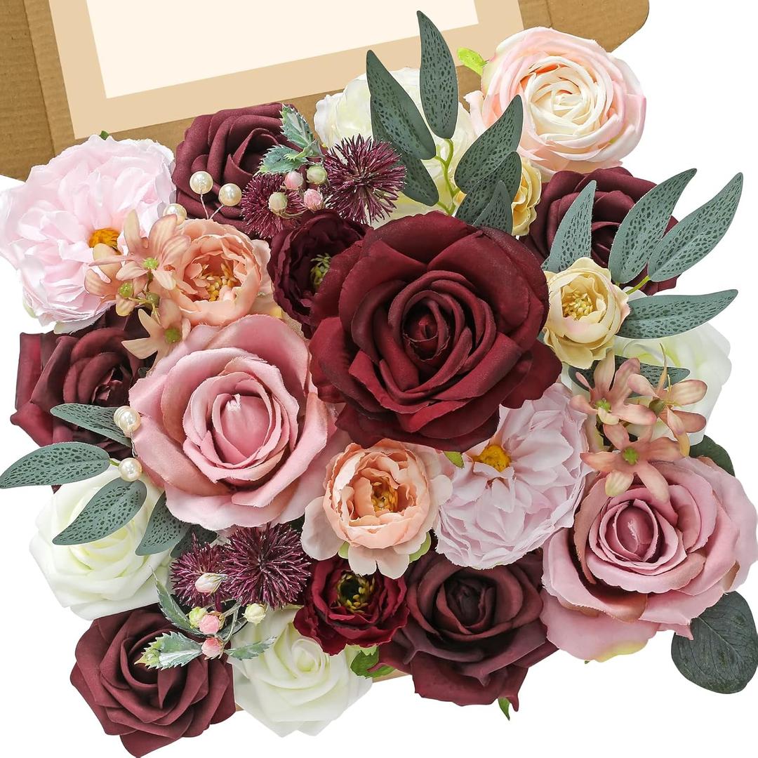 Serwalin Artificial Flowers,Burgundy Pink Roses Silk Fake Flowers for DIY Wedding Bouquet,Wedding Cake Flowers for Decor Table Centerpieces Home Party Arrangement (1 Box)