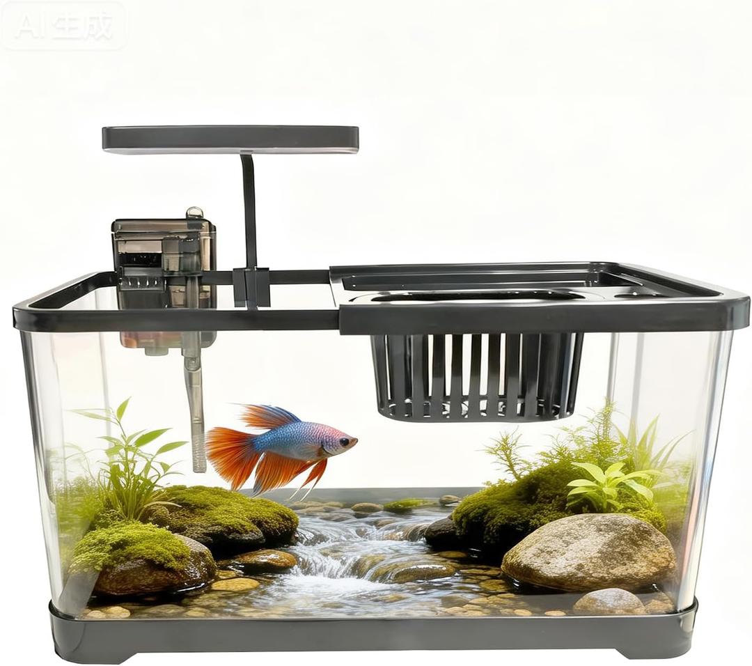 3.5 Gallon Fish Tank, Aquarium Plastic Starter Kit with Filter, Aquarium Net and LED Light, Fish Tank for Betta, Plastic Nano Aquarium with Lid(15 * 7.87 * 8.07 inch/Black) (3.5 Gallon Fish Tank)