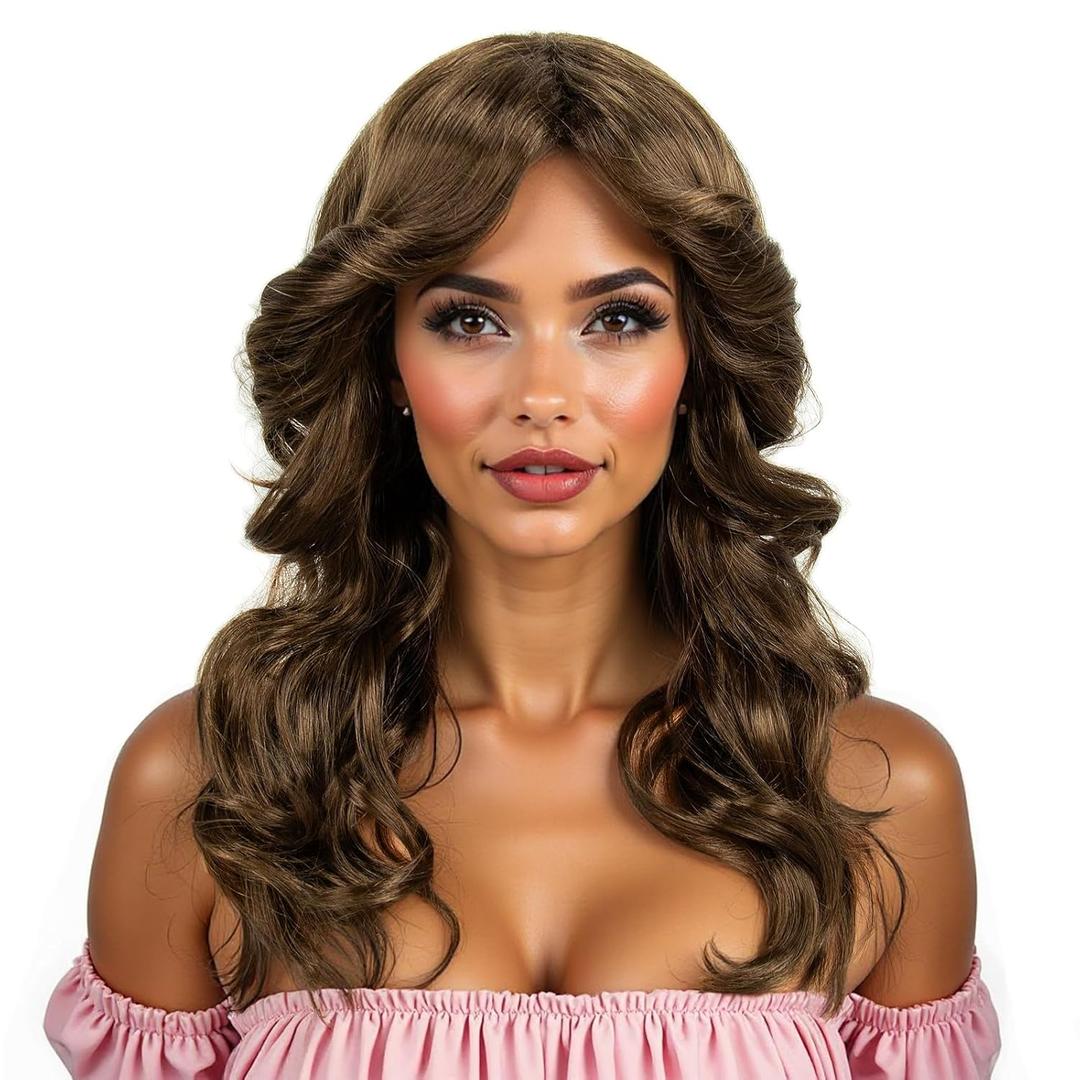 70s Disco Wig Farrah Fawcett Wigs for Women Lady Natural Synthetic Full Wigs Vintage Cosplay Costume Hair Wig (Brown)