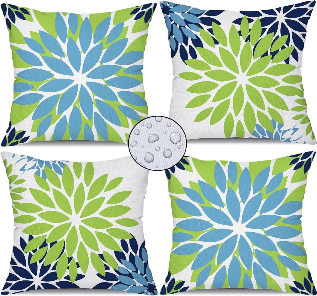 DFXSZ Green Blue Flower Pillow Covers 20x20 Inch Set of 4 White Blue Colored Throw Pillows Outdoor Waterproof Decor for Living Room Sofa Patio Funiture Garden Floral Linen Cushion Case 008B