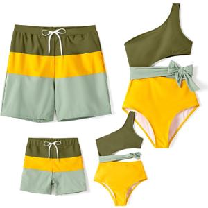 PATPAT Family Matching Swimsuits Mommy and Me One Shoulder Cutout Colorblock Bathing Suits One Piece Swimwear Sets (Large, Green/Yellow)