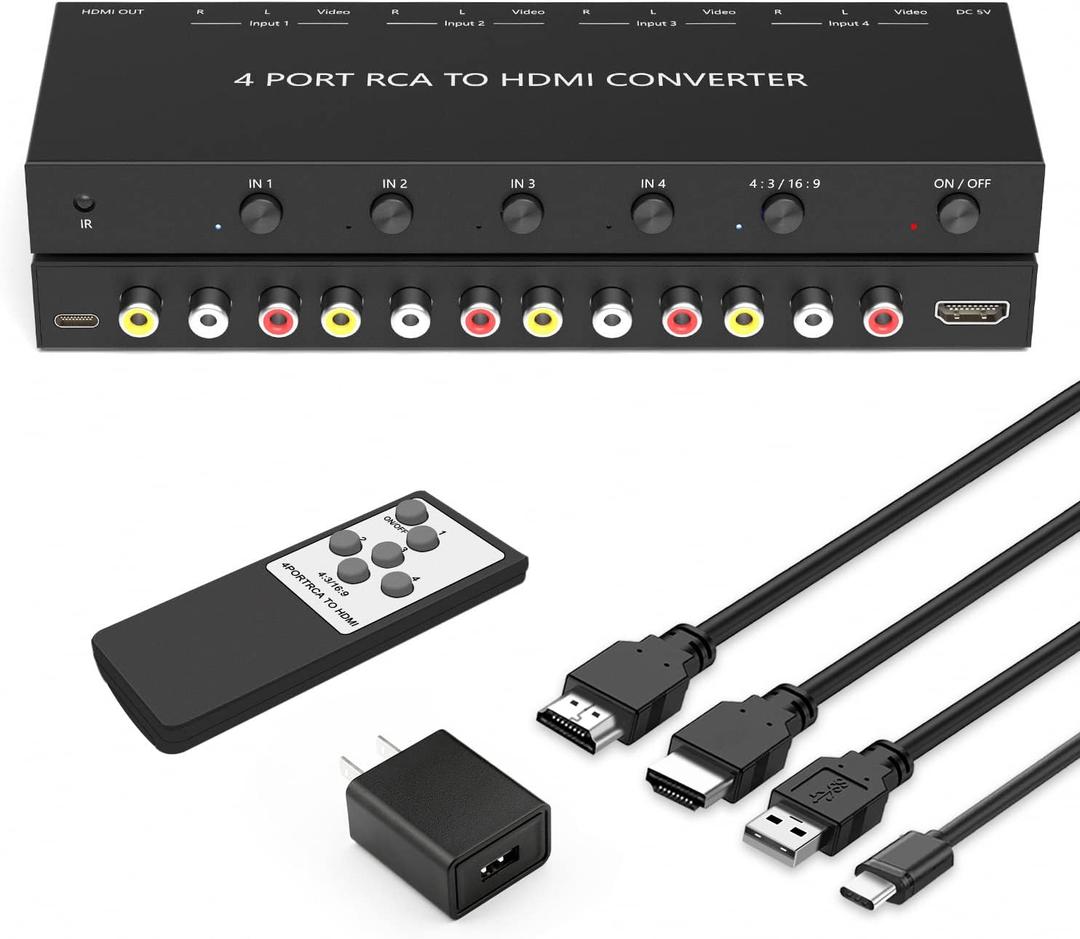 4Port AV to HDMI Converter, RCA/Composite/CVBS to HDMI Adapter for Wii/N64/PS1/PS2/PS3/VHS/VCR/DVD Players etc.