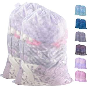 Polecasa Extra Heavy Duty Large Diamond Mesh Laundry Bags with Drawstring Closure & ID Tag, 2Pcs 24 x 36 inches Washable Storage Bag for Hamper, College, Travel, Sports, Dorms, White