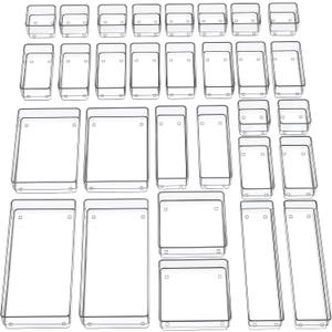 SMARTAKE 30-Piece Drawer Organizer with Non-Slip Silicone Pads, 7-Size Desk Drawer Organizer Trays Storage Tray for Makeup, Jewelries, Utensils in Bedroom Dresser, Office and Kitchen (Clear)
