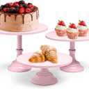 3 Pcs Pink Cake Stands, 8" 10" 12" Tiered Cupcake Display Holders, Metal Dessert Serving Trays, Round Pie Pizza Stands for Wedding, Birthday Party, Celebratory Event Decor