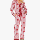 Women Christmas Satin 2 Piece Pajamas Set Bow Tie Long Sleeve Shirts Pants Santa Claus Print Pjs Set Sleepwear Small