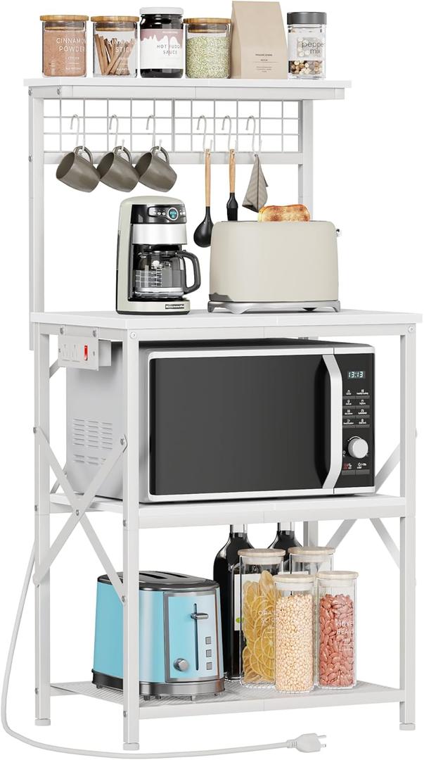Furologee Kitchen Bakers Rack with Power Outlet, Microwave Oven Stand with Storage 4 Tiers, Coffee Bar Table with 6 S Hooks, Kitchen Storage Shelf Rack for Spices, Pots, White