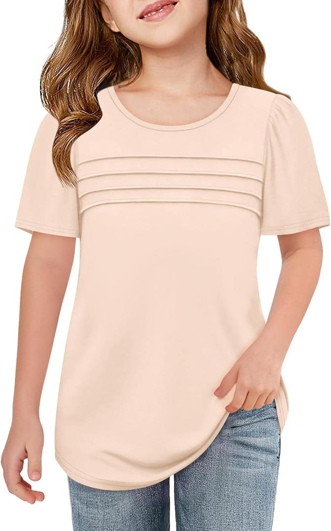 Imily Bela Girls Pleated Short Sleeve T Shirts Kids Summer Crewneck Shirts Casual Tops Tees 5-14 Years