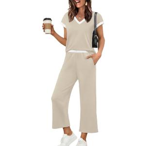 Sampeel Two Piece Sets for Women Lounge Sets Matching Sets Women Clothing Airport Travel Outfits Color Block (Beige, M)