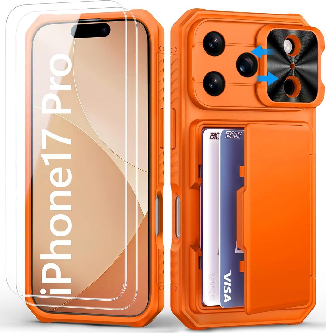 BXYJY for iPhone 17 Pro Wallet Case with Screen Protector (Tempered Glass), Card Holder (4-5 Cards), Slide Camera Cover, Military Grade Drop, Heavy Duty Women Men Case for iPhone 17 Pro, Orange