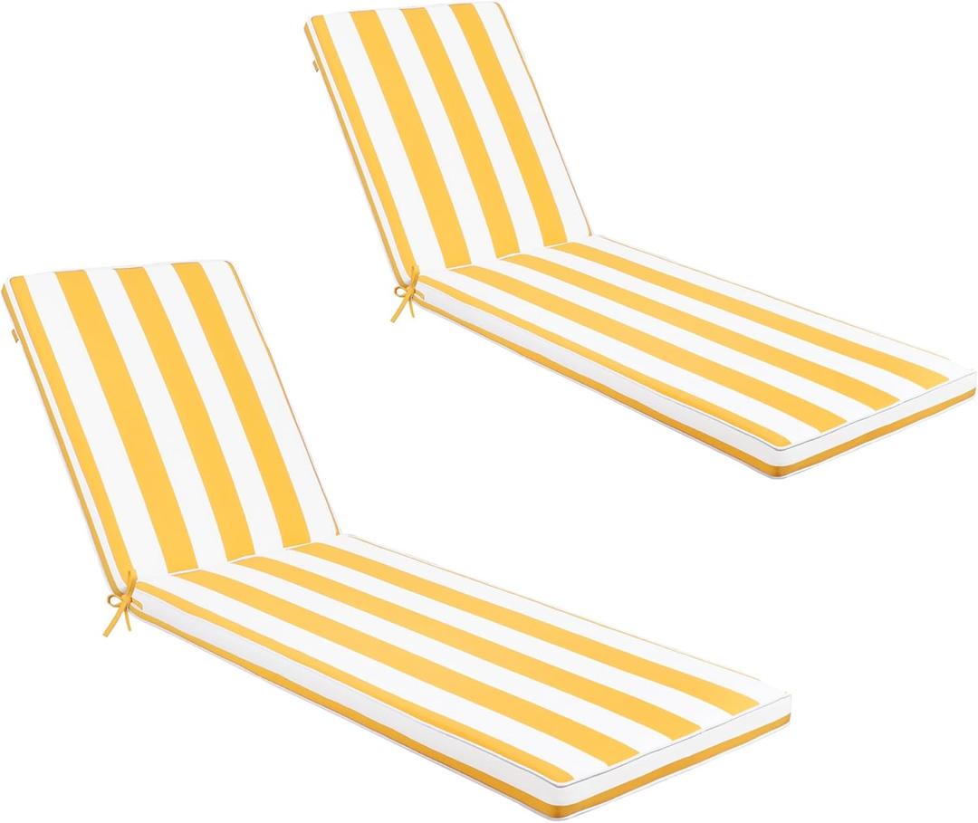 Only choice 2 Pcs Set Outdoor Lounge Chair Cushions Patio Chaise Lounge Chair Cushion Replacement Cushions Furniture Seat Cushions (Yellow White Striped) (74.4"x 22.05"x 2.76")
