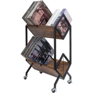 Vinyl Record Storage Holder with Wheels, 2-Tier Record Holder 160-200 LP with Dividers, Retro Style Quick Assembly Vinyl Record Display for Albums, Magazine, Book, Files(2 Tier- Rustic Brown)