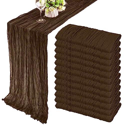 12 Pack 10Ft Cheesecloth Table Runner 35x120 Inch Boho Gauze Table Runner Rustic Cheese Cloth Long Romantic Table Runners for Wedding Bridal Shower Birthday Party Table Decor (Brown)