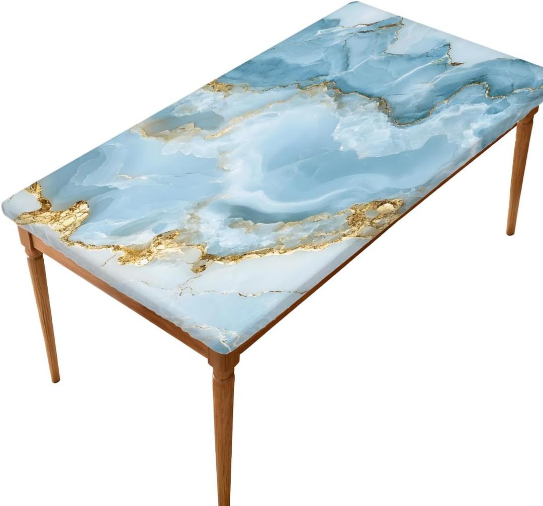 Pardick Sky Blue Marble Rectangle Fitted Tablecloth 5ft Rectangle Table Cover with Elastic Edge Wipeable Outdoor Table Cloths for Kitchen Dining Party Outdoor Picnic Holiday Decor 60" L X 30" W