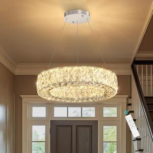 16 Inch Chandelier Glam Dimmable LED Crystal Chandeliers Luxury Round Pendant Lighting Fixtures for Dining Room Bedrooms Silver, Ring 16"
