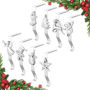 Stocking Holders for Mantle, Set of 8 Christmas Stocking Holders for Fireplace, Stocking Hangers for Mantel, Snowflake Reindeer Tree Santa Stocking Hooks for Christmas Mantel Decoration, Silver