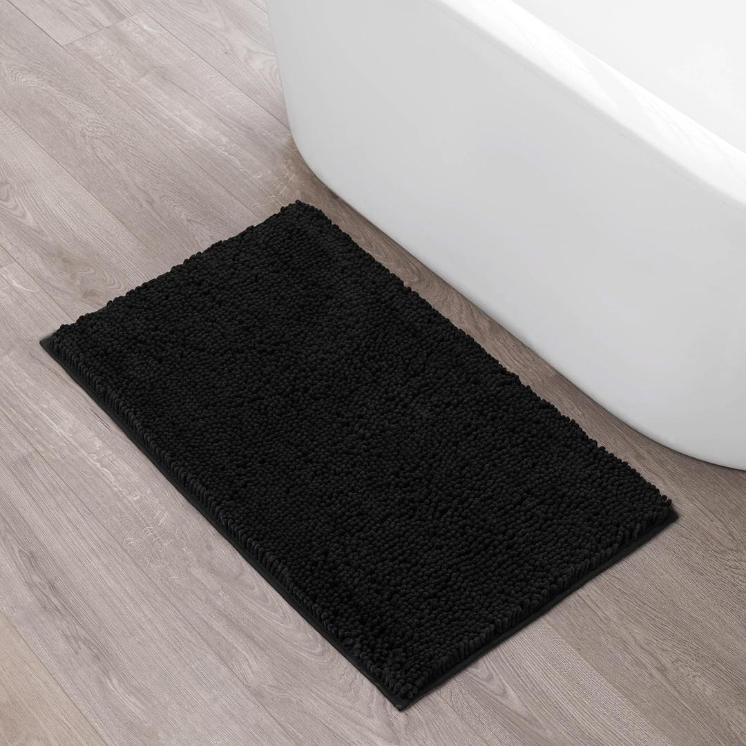 Creative Home Ideas Resort Collection Plush Chenille Bathroom Rugs – Non-Slip Backing and Machine Washable, Black - 27 x 45 Inches Bath Mat