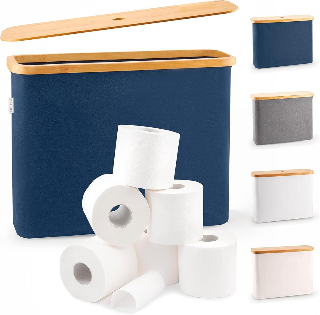 LONBET Toilet Paper Storage for 12 Rolls, Stackable & Foldable - The Ultimate Bathroom Organizer - Waterproof Basket with Bamboo Lid - Elegant Toilet Paper Storage Holder, Blue