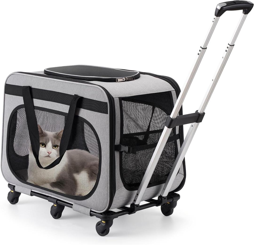 Extra Large Pet Carrier with Wheels for Small Dogs and All-Breed Cats, Cat Rolling Carrier for up to 4 Cats, Support up to 40 Lbs, Grey (Single Compartment)