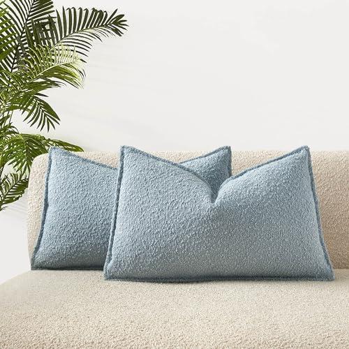 JUSPURBET Light Blue Boucle Broadside Lumbar Throw Pillow Covers 12x20 inch Set of 2 for Couch Bedroom Sofa Living Room Decorative Soft Textured Cushion Covers with Hidden Zipper
