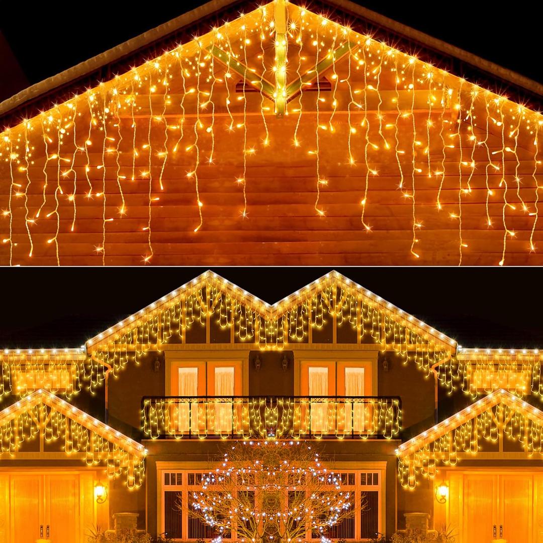 Christmas Icicle Lights Outdoor600LED 49ft 8 Modes Timer IP44 Waterproof Fairy String Light with 96 Drops, Christmas Lights for Christmas Decorations,Holiday, Party, Wedding, Eaves (600-warm light)