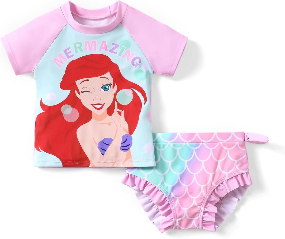 Disney Princess Frozen Marvel Elsa Minnie Toddler Girl Swimsuit Tankini Bathing Suit 2 Piece Swimwear UPF 50+ Rashguard, 3T, Mermaid Ariel-pink