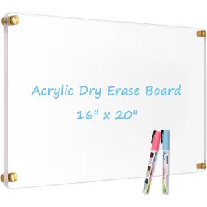 Large Clear Acrylic Dry Erase Board, 20" X 16" Golden Non-Magnetic Frameless Clear White Board for Wall, Erasable Acrylic Board for Wall, Home, Office, School, 2 Markers