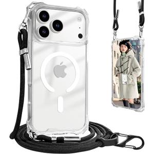 UnnFiko for iPhone 17 Pro Case Clear, Compatible with Magsafe, Crossbody Phone Case with Shoulder Strap, Shockproof Drop Protection, Magnetic Phone Case for iPhone 17 Pro (Clear)