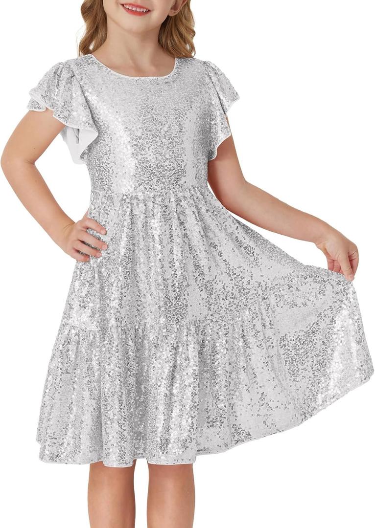 GRACE KARIN Girls Silver Sequin Dress Ruffle Sleeve Formal Party Pageant Dress Size 7