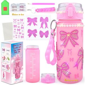 ASIOWELY Decorate Your Own Water Bottle Kits for Girls Age 4-6-8-10, Pink Bow Pattern Diamond Painting Art and Crafts for Boys Age 4-12, Fun Gifts Toys for Kids School Birthday Valentine's Day