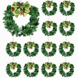 Syhood 12 Pcs Mini Christmas Wreaths for Cabinets with Gold Bells Small Kitchen Xmas Decor Christmas Cabinet Wreaths Ornament for Kitchen Chair Fireplace Farmhouse Home Decor(3.15 Inch, Green Bowknot)