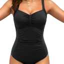 Tempt Me Women Ruched Slimming One Piece Swimsuits Tummy Control Vintage Bathing Suits (Large, Black)