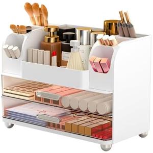 Ailleda Makeup Organizer Countertop with 2 Large Drawers, Vanity Organizer with Brush Holder, Skin Care Storage for Dresser, Perfume Organizer for Lotion, Lipsticks, Palette(White)