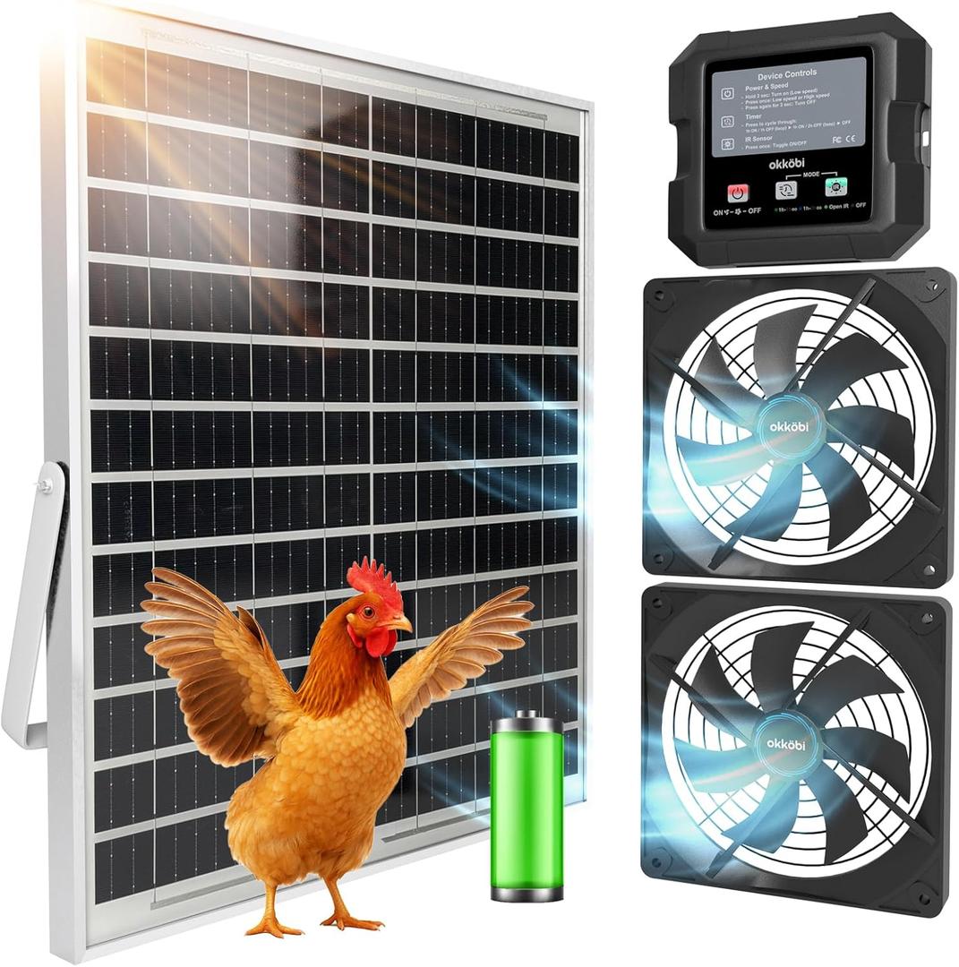 Okkbi Solar Fan with Battery for Chicken Coop and Greenhouse, Dual Solar Ventilation, Air Intake or Exhaust, Control Box with 3 Modes, 25W Solar Panel, 4.7-Inch Fans, IPX4 Water-Resistant