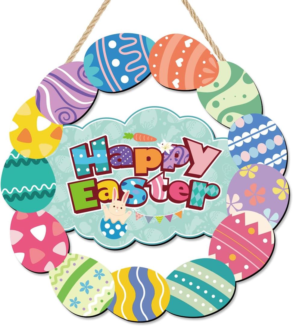 Wooden Easter Egg Wreath for Front Door, Happy Easter Door Hanger Decoration with Bunny, Rustic Two Layer Welcome Sign for Party Supplies & Wall Decor, Housewarming Gift