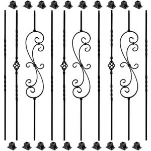 10 Pack Wrought Iron Balusters, 44" Balusters for Staircase Interior, Decorative Metal Stair Spindles with 20 Fixed Swivel Shoes, Satin Black