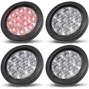 MADCATZ (Pack of 4) 4 Inch Clear Lens Red LED Round Clearance Stop Brake Trailer Tail Lights 12 Diodes Truck Boat RV Bus ATV Caravan Tow Tractor 3 Prong Plug Waterproof 12V DC GA12