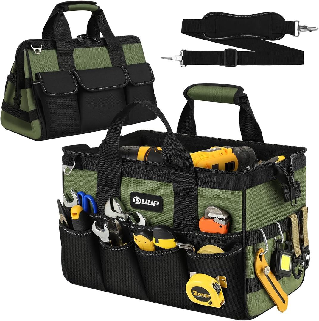 UUP Heavy Duty Tool Bag 15-Inch, 16-Pocket Portable Empty Tool Box Organizer, Big Storage Toolbox Organization, Soft Handle Large Zipper Carrying Toolbag, Father Day Gifts for Him Dad Men, Green